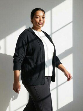 CASLON Zip Front Hooded Black Cardigan Sweater Long Sleeve 3X Angora Cashmere